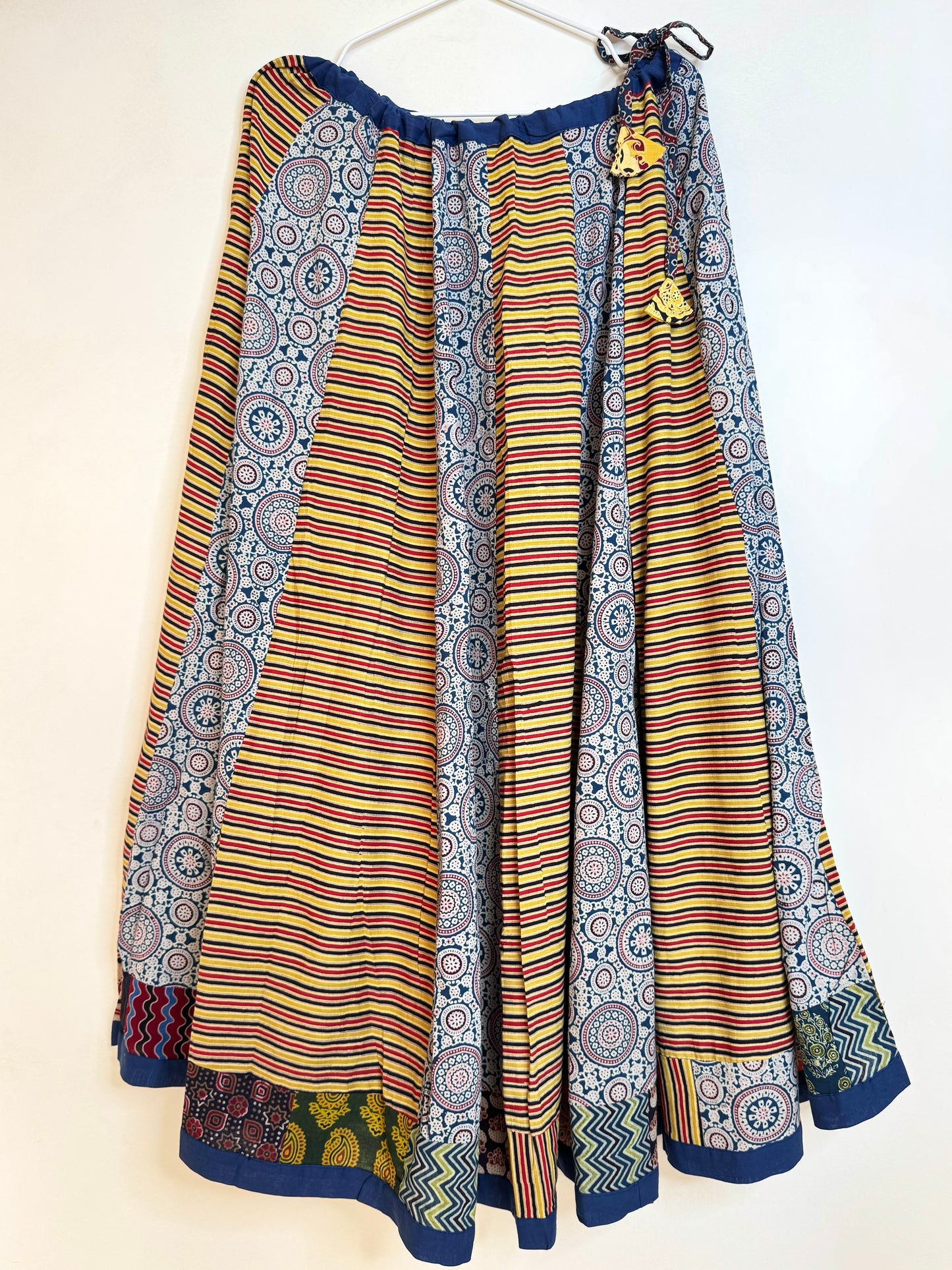 ✨Garba nu Ghoomie ~ Ajrakh Lehenga and Dupatta Set ~ Yellow Strips w/ Navy Blue Dupatta