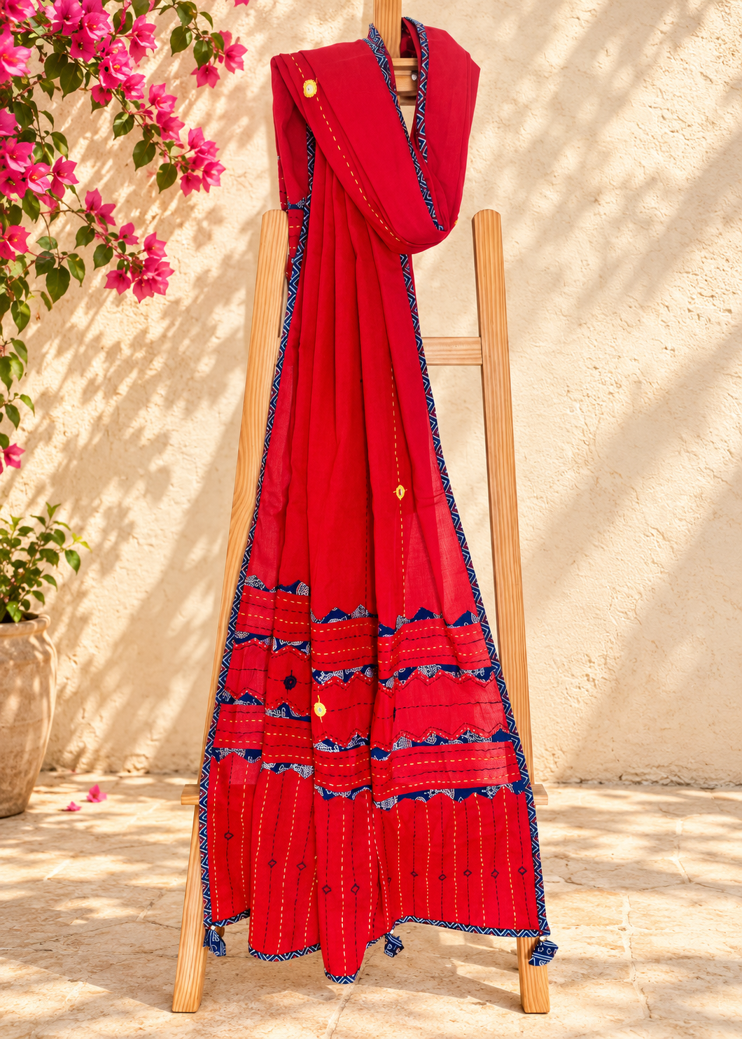 Ajrakh Applique & Kantha Embroidered Dupatta ~ Cherry Red w/ Blue Patchwork