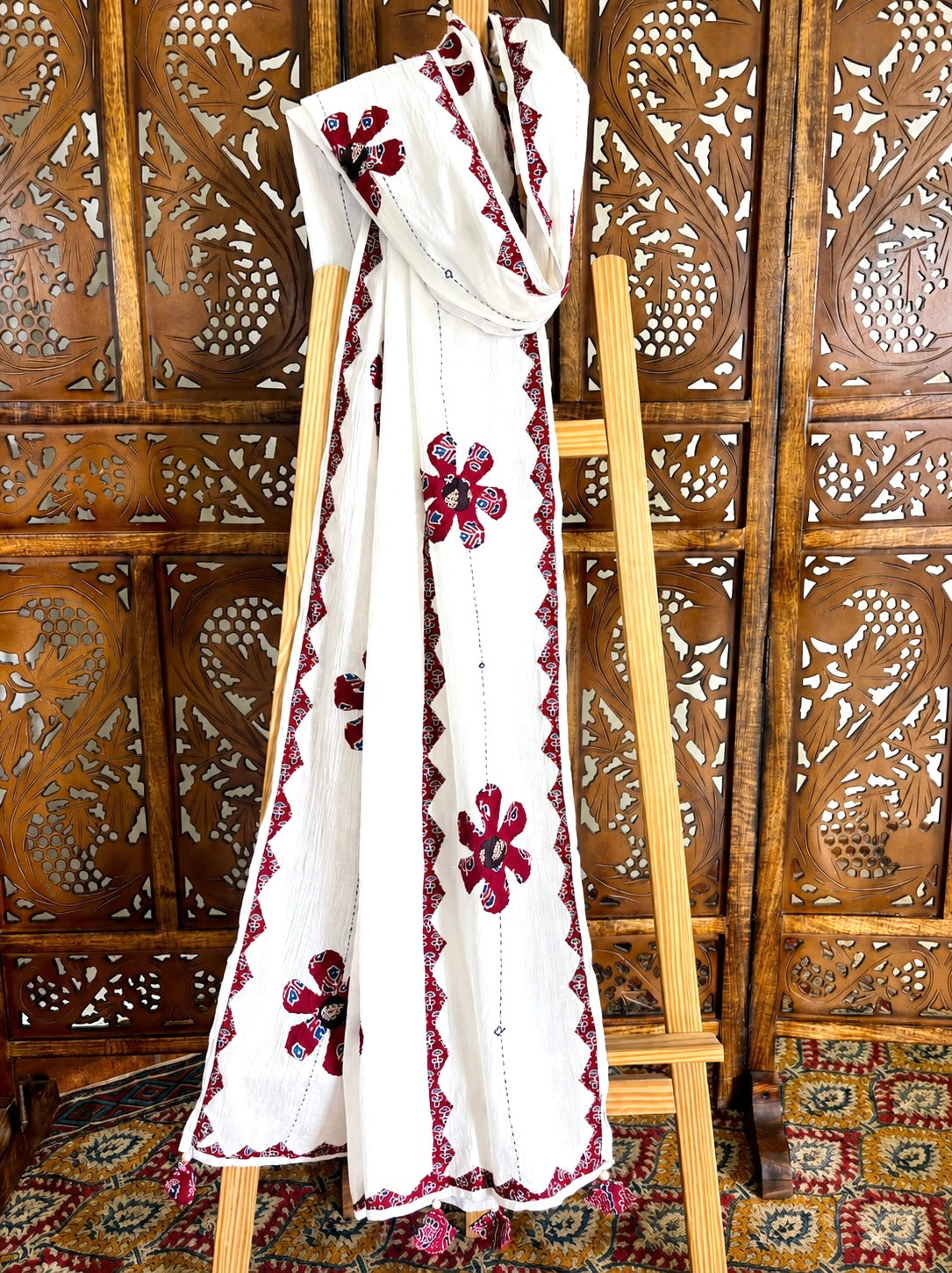 Ajrakh Applique & Kantha Embroidered ~ Surkh Phool Dupatta