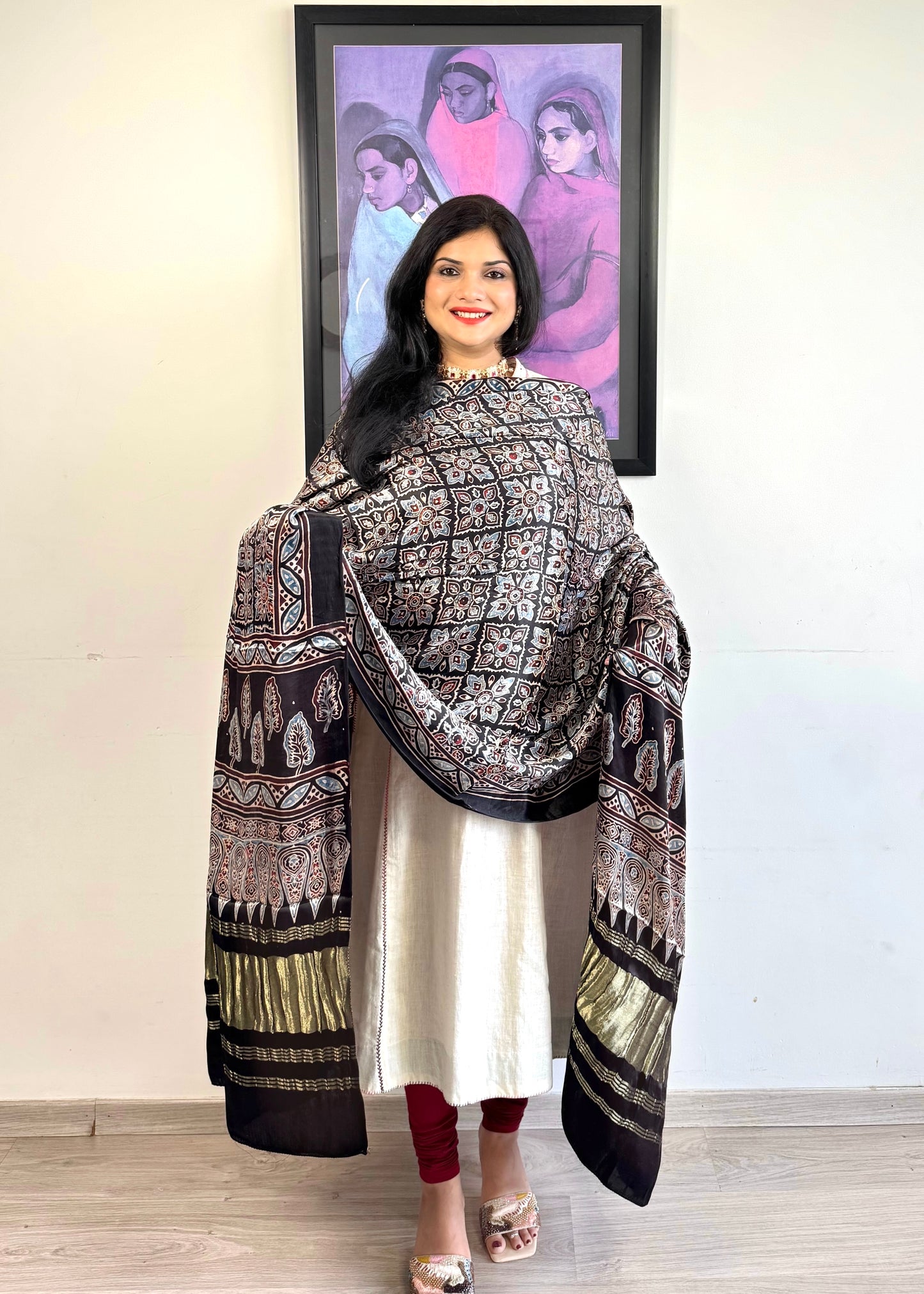 Modal Silk Ajrakh Dupatta ~ Metallic Black Square Motif w/ Zari