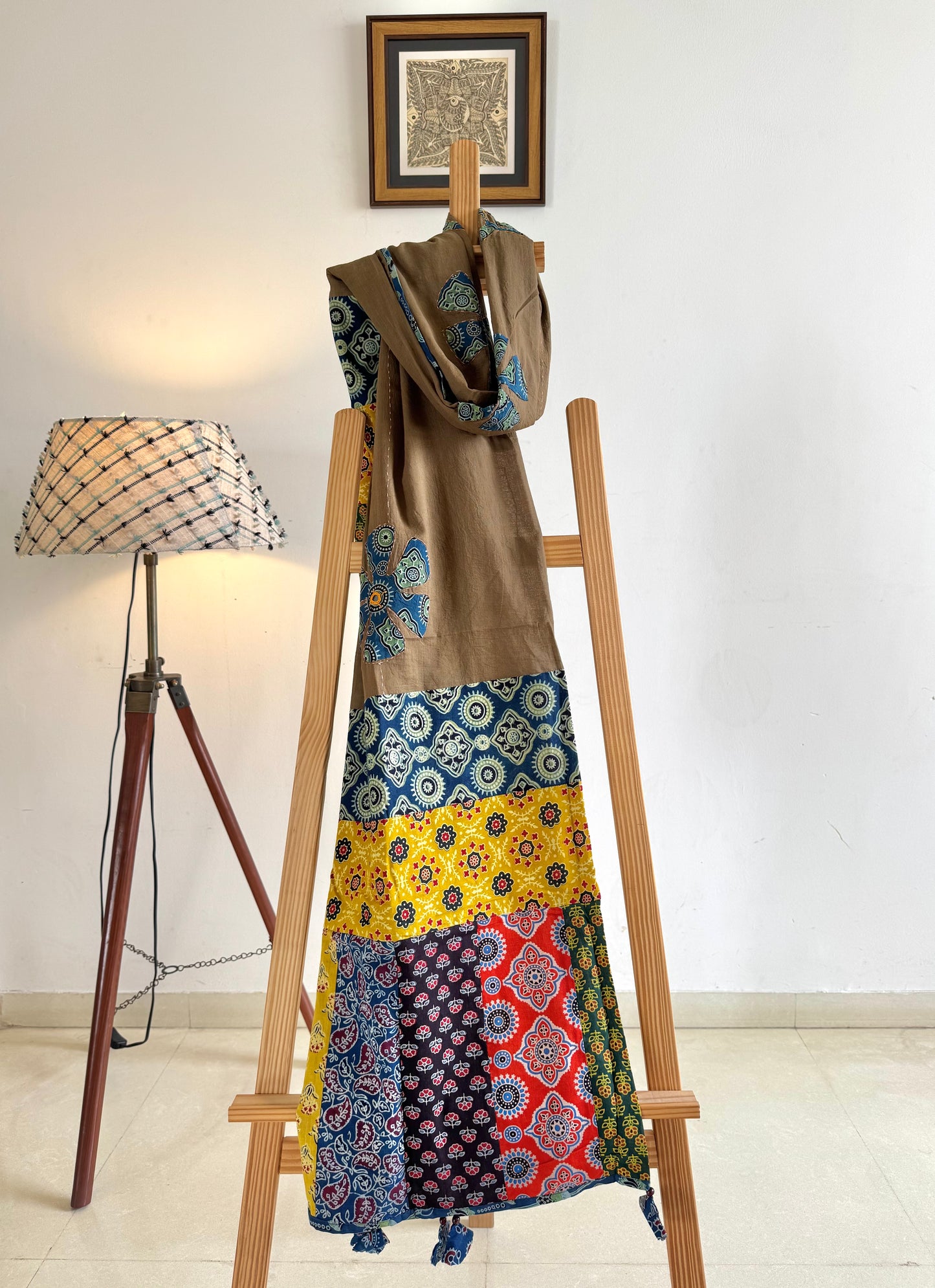 𓂃ོ⋆☀︎𓂃ᨒོ Ajrakh, Applique & Kantha Embroidered Dupatta ~ Coco Brown w/ Blue Flowers 𑁍ࠬ