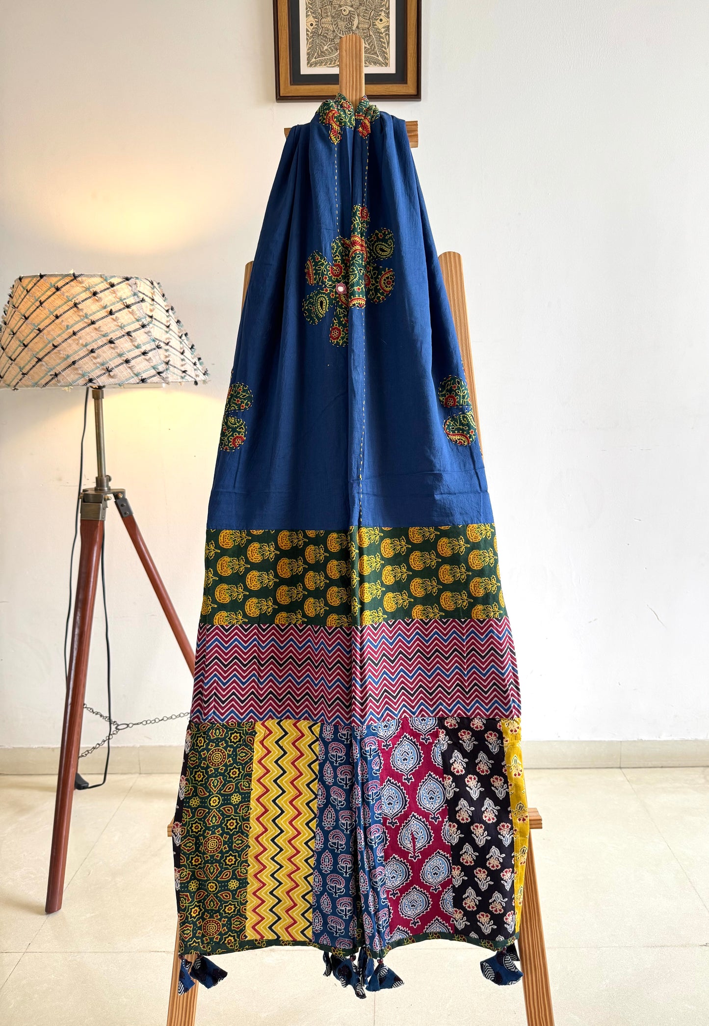 Ajrakh Applique & Kantha Embroidered Dupatta ~ Navy Blue w/ Green Flowers