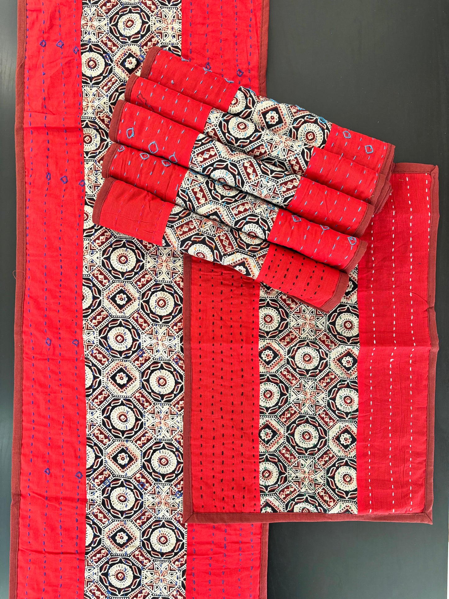 Brick Red ~ Ajrakh & Kantha Table Runner w/ Mats
