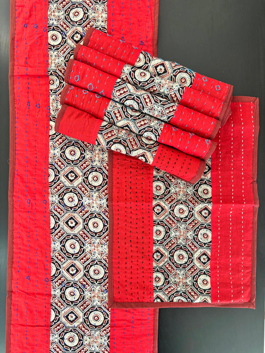 Brick Red ~ Ajrakh & Kantha Table Runner w/ Mats