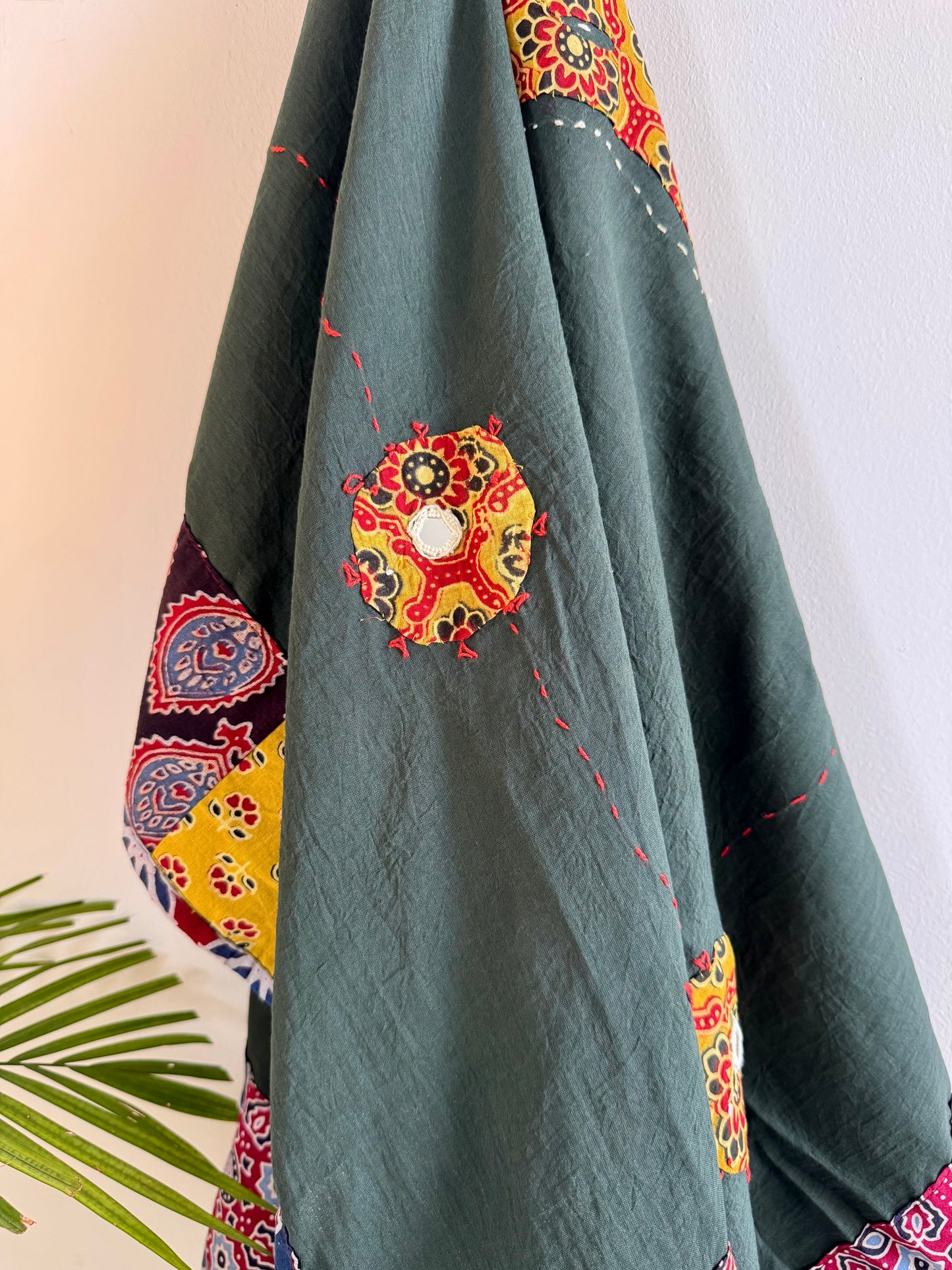 𓂃ོ⋆☀︎𓂃ᨒོ Ajrakh, Applique & Kantha Embroidered Dupatta ~ Olive Green & Yellow 𑁍ࠬ