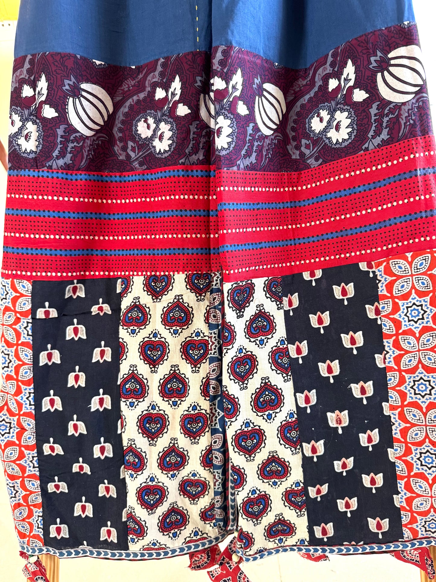 Ajrakh Applique & Kantha Embroidered Dupatta ~ Navy Blue with Burgundy Flowers