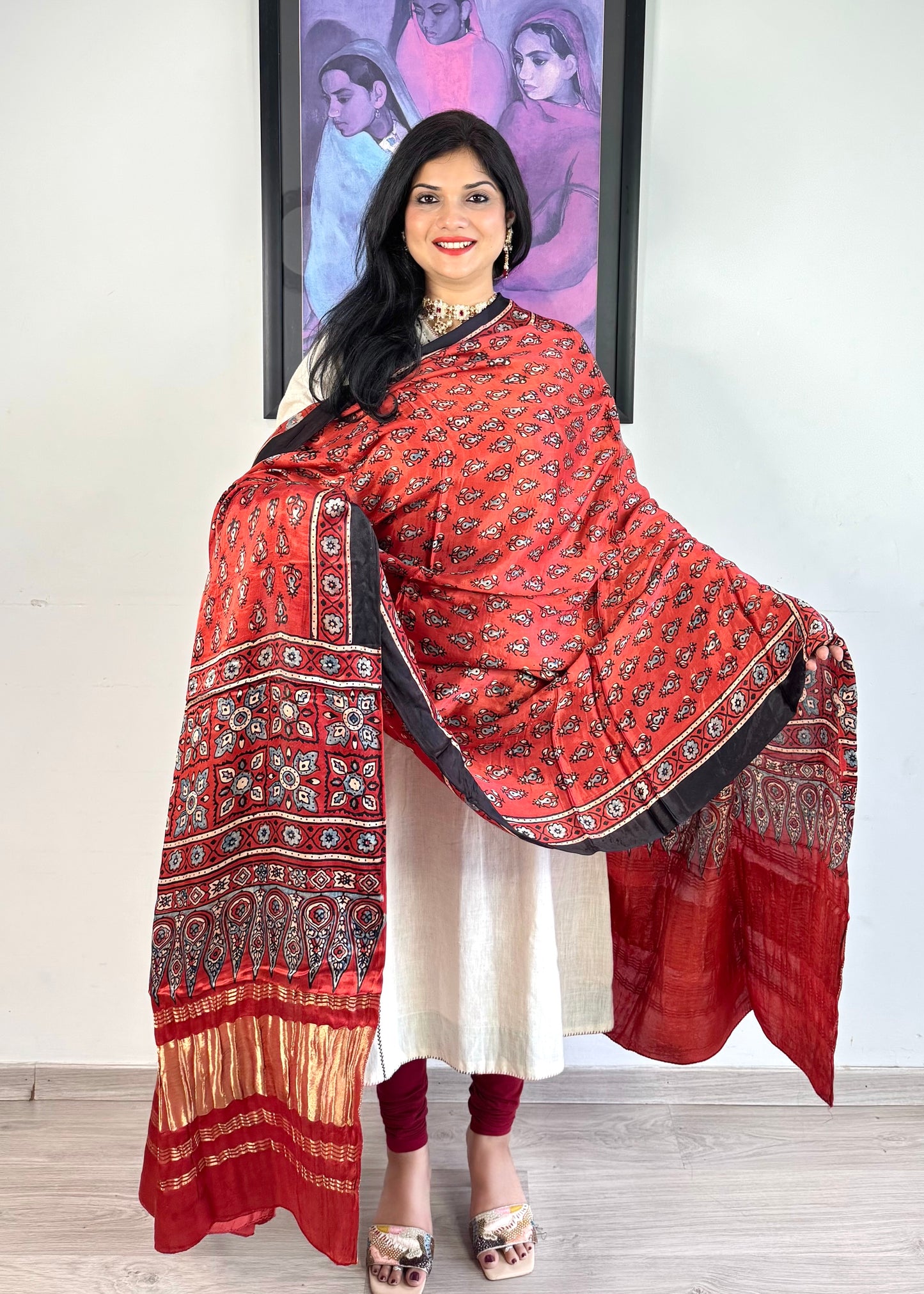 Modal Silk Ajrakh Dupatta ~ Brick Red Tulip Motif w/ Zari