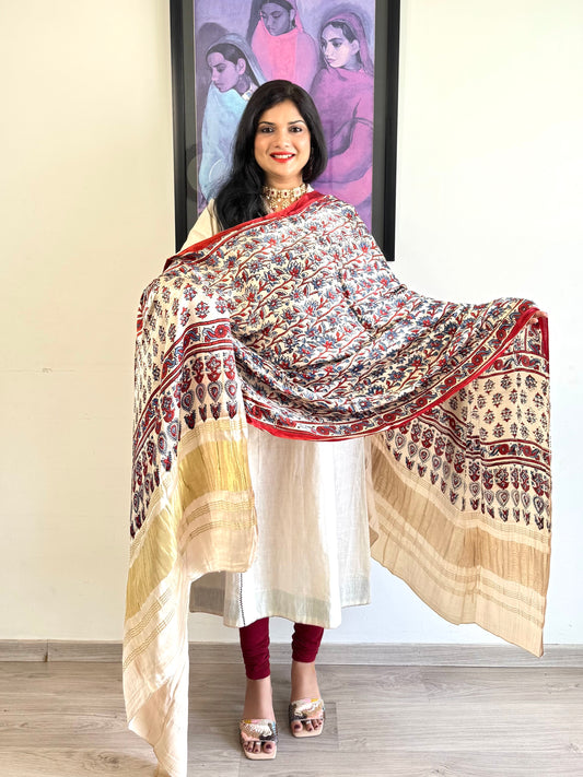 Modal Silk Ajrakh Dupatta ~ Ivory White Flower Motif w/ Zari