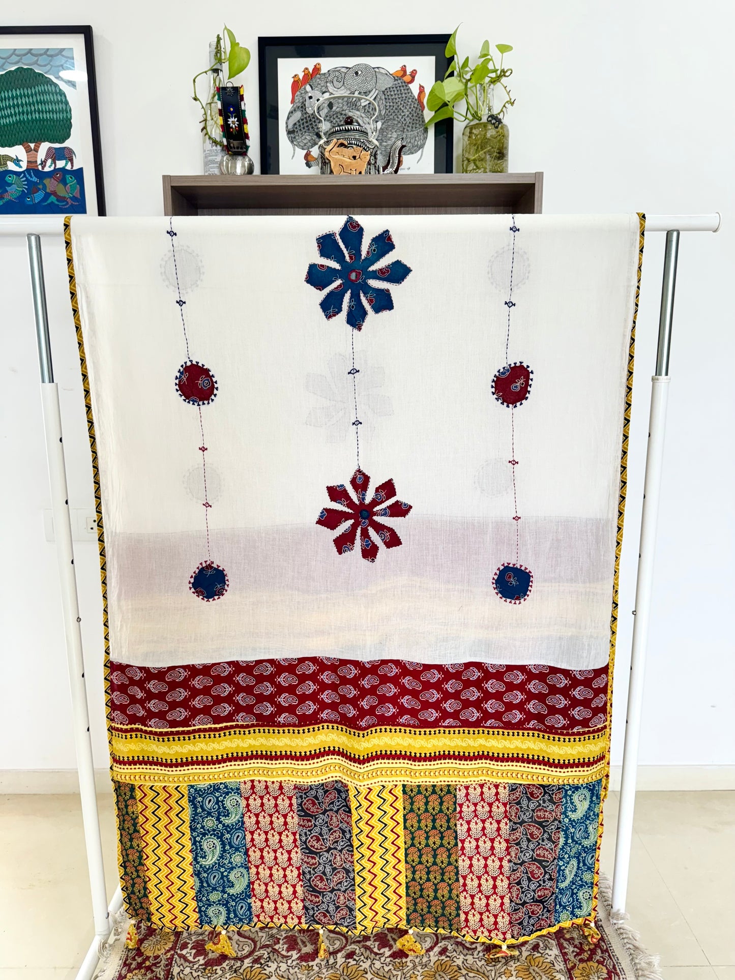 Ajrakh Applique & Kantha Embroidered Dupatta ~ White, Blue & Yellow