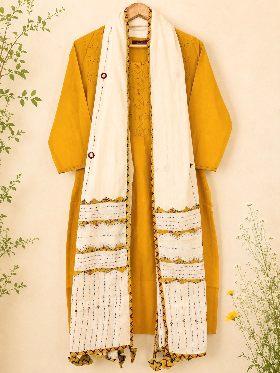Masakali ~ Yellow Ochre Cotton Embroidered Kurti & Dupatta Set