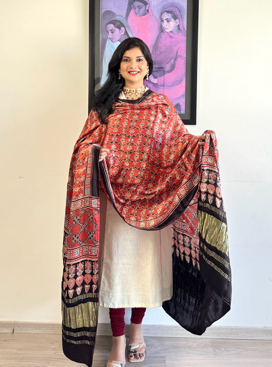 Modal Silk Ajrakh Dupatta ~ Brick Red Vine Motif w/ Zari