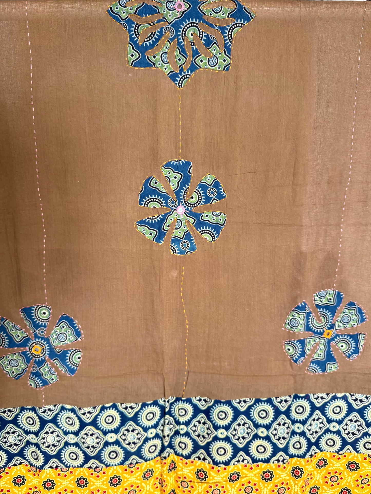𓂃ོ⋆☀︎𓂃ᨒོ Ajrakh, Applique & Kantha Embroidered Dupatta ~ Coco Brown w/ Blue Flowers 𑁍ࠬ