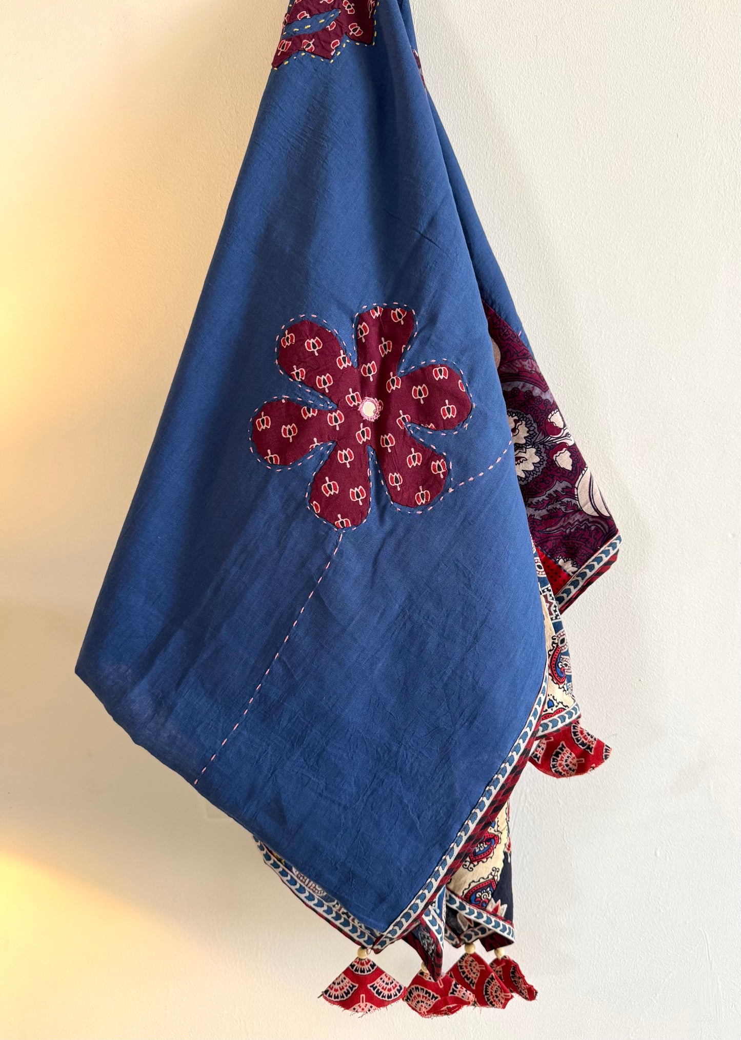 Ajrakh Applique & Kantha Embroidered Dupatta ~ Navy Blue with Burgundy Flowers