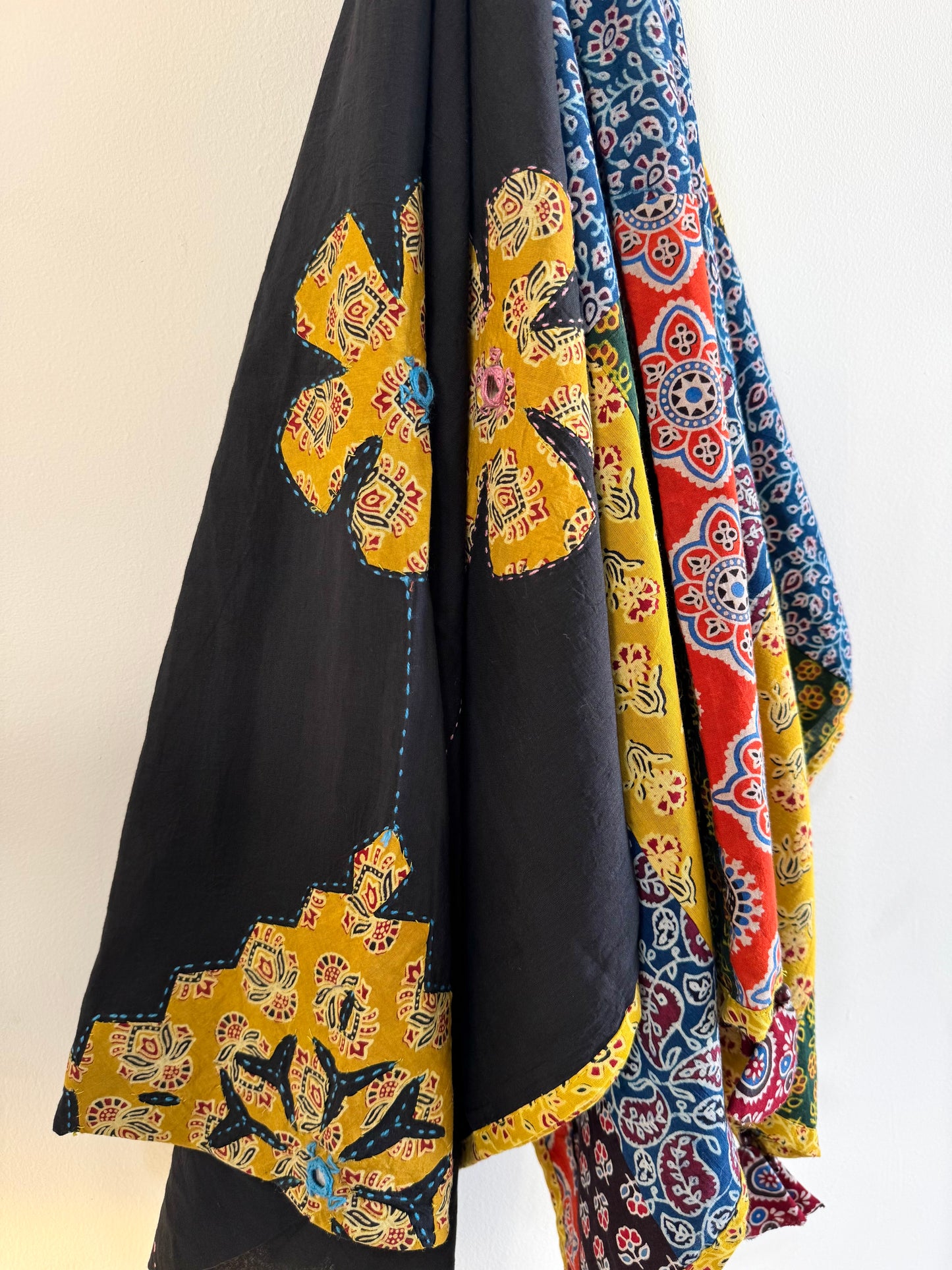 𓂃ོ⋆☀︎𓂃ᨒོ Ajrakh, Applique & Kantha Embroidered Dupatta ~ Jet Black & Yellow 𑁍ࠬ