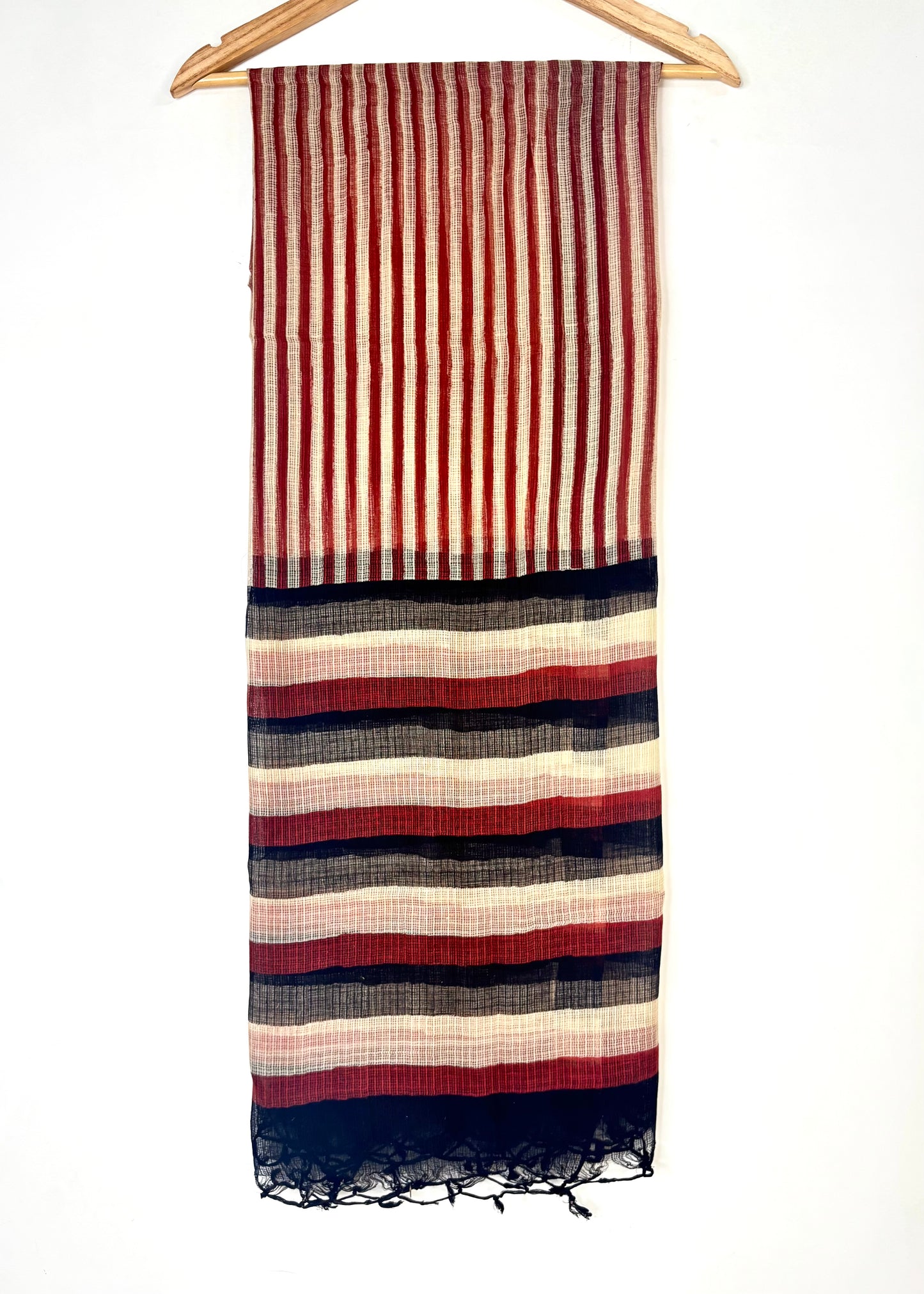 Kota Doria Bagru Handblock Dupatta ~ Black w/ Red lines