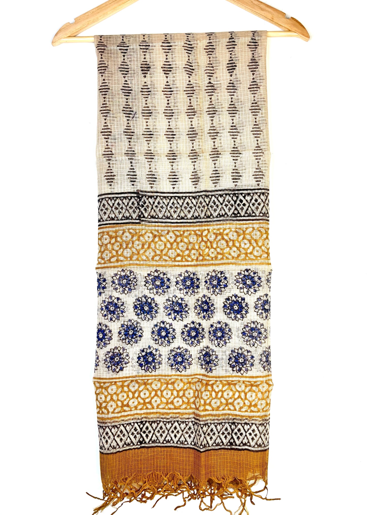 Kota Doria Bagru Handblock Dupatta ~ Beige w/ indigo flowers & zari