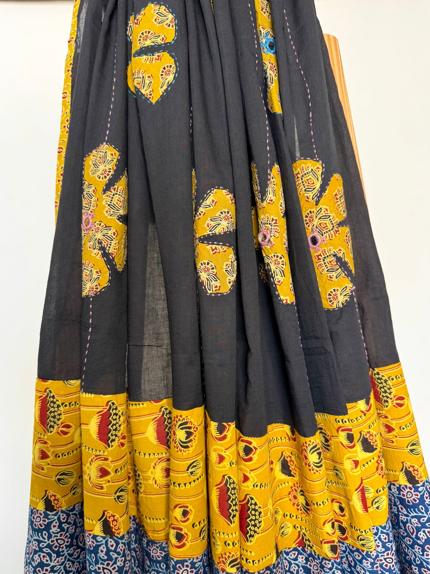 𓂃ོ⋆☀︎𓂃ᨒོ Ajrakh, Applique & Kantha Embroidered Dupatta ~ Jet Black & Yellow 𑁍ࠬ