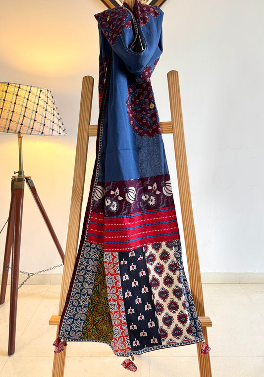 Ajrakh Applique & Kantha Embroidered Dupatta ~ Navy Blue with Burgundy Flowers