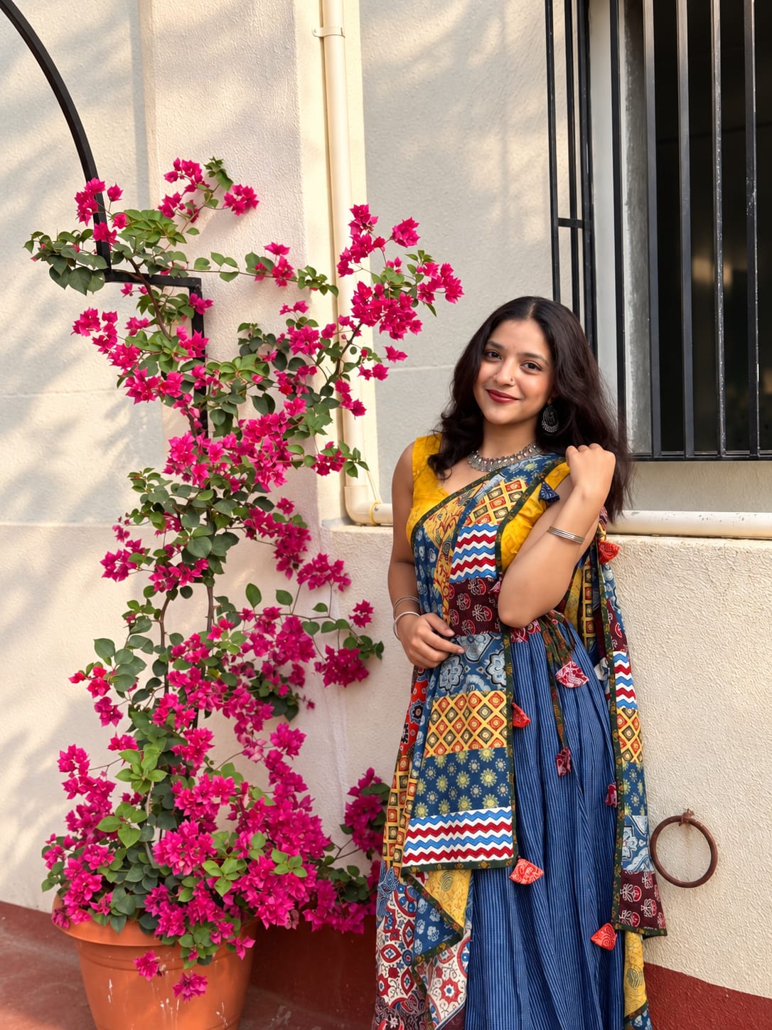 ✨Navrang ~ Ajrakh Long Skirt & Dupatta Set ~ Navy Blue w/ Multicolored Dupatta