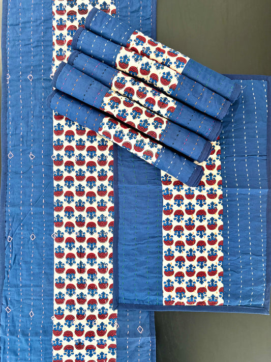 Indigo Blue ~ Ajrakh & Kantha Table Runner w/ Mats
