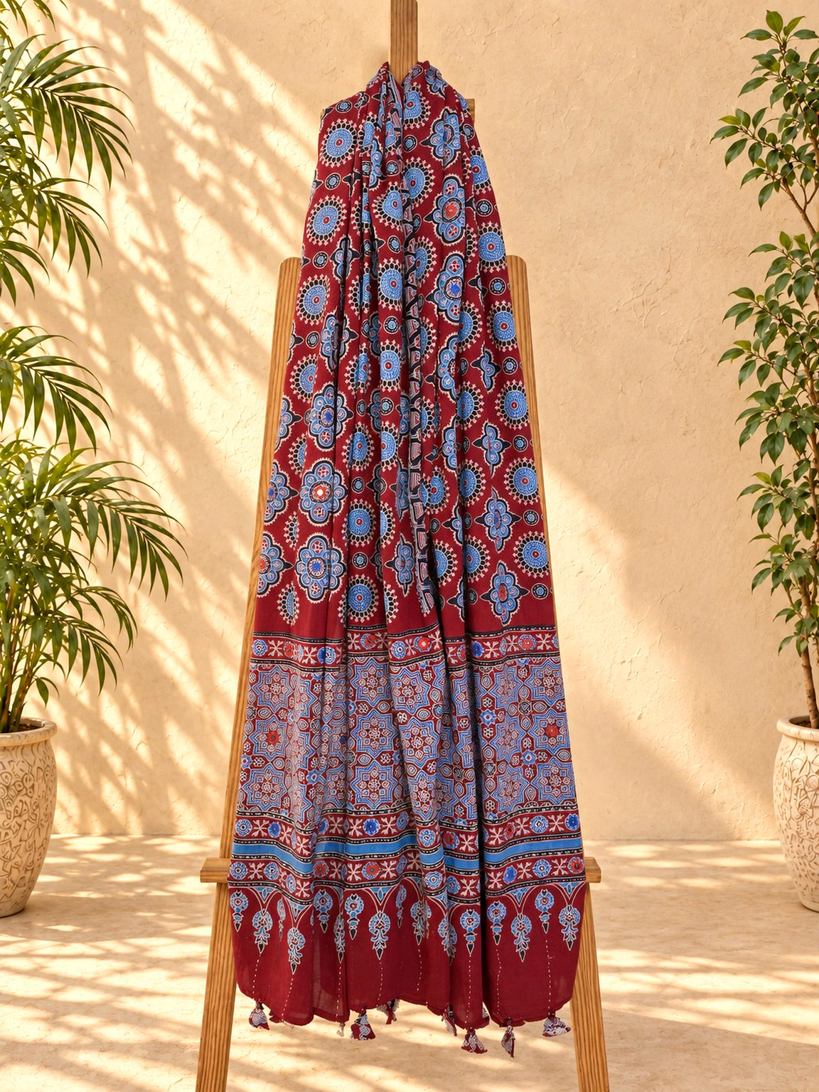 Rangrez🔅Ajrakh Mulmul Cotton Dupattas with Embroidery ~ Wine Red w/ metallic blue