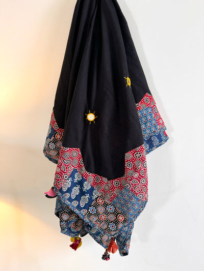 Ajrakh Applique & Kantha Embroidered Dupatta ~ Raven Black & Red