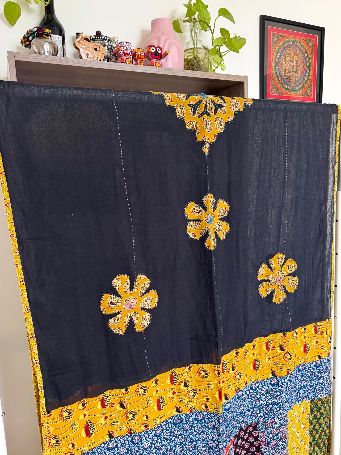 𓂃ོ⋆☀︎𓂃ᨒོ Ajrakh, Applique & Kantha Embroidered Dupatta ~ Jet Black & Yellow 𑁍ࠬ