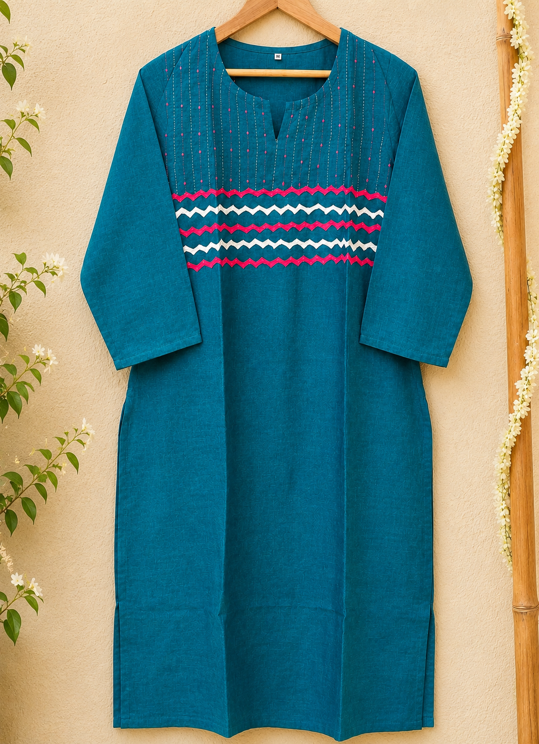 Masakali ~ Turquoise Green Cotton Kantha Kurti & Dupatta Set