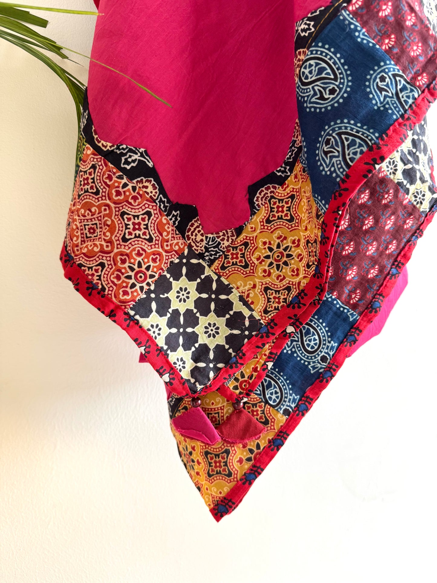 Ajrakh Applique & Kantha Embroidered Dupatta ~ Bright Pink