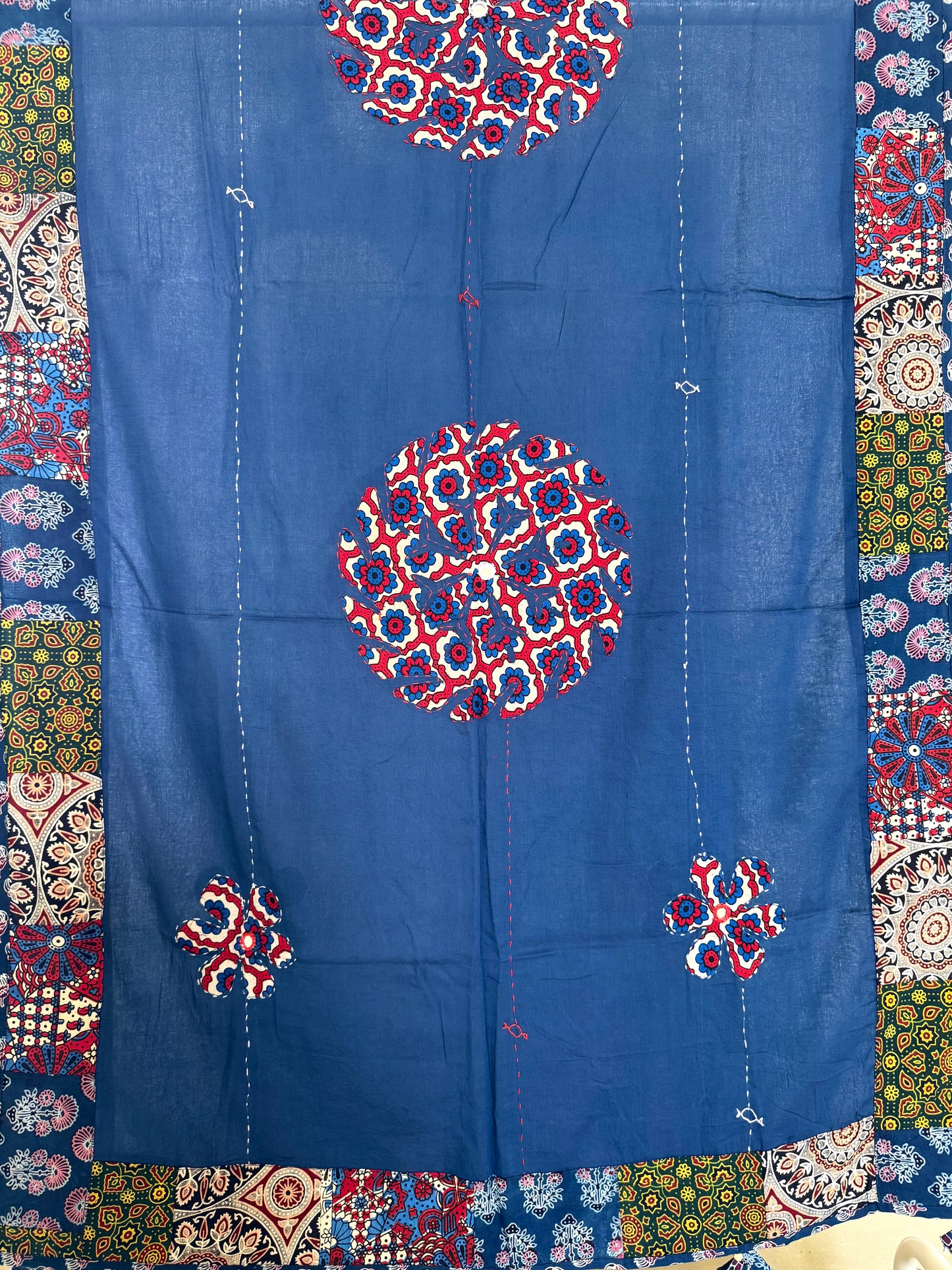 Ajrakh Applique & Kantha Embroidered Dupatta ~ Navy Blue with Multicolor Flowers