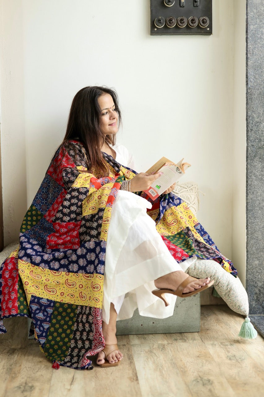 Ajrakh Applique & Kantha Embroidered Dupatta ~ Multicolored Chequered