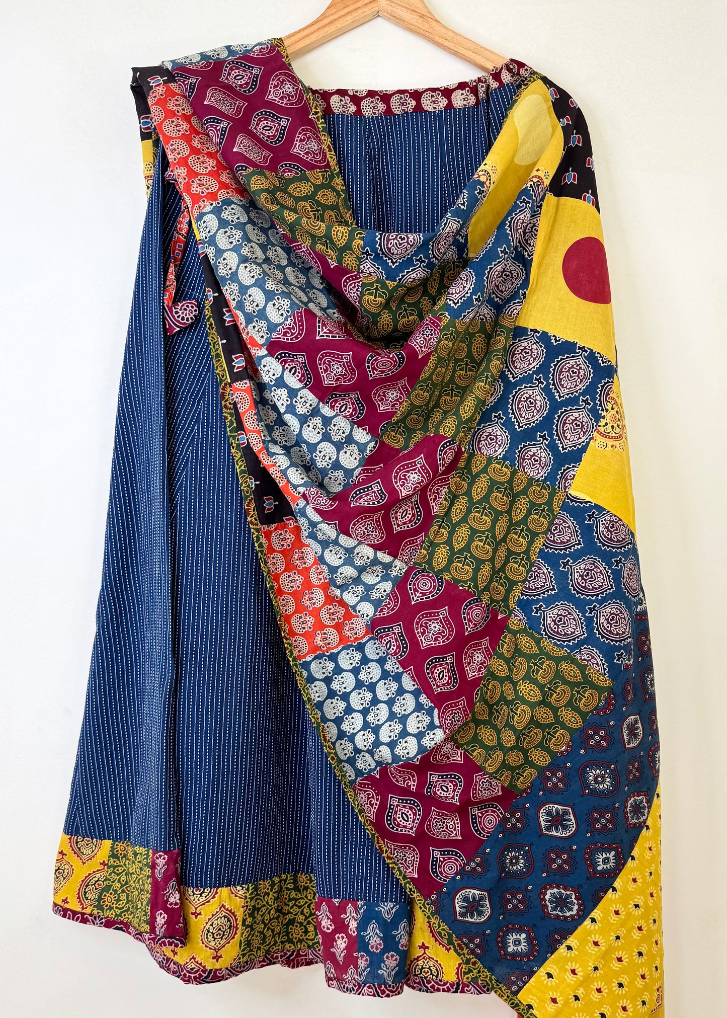 ✨Navrang ~ Ajrakh Long Skirt & Dupatta Set ~ Blue w/ Multicolored Dupatta