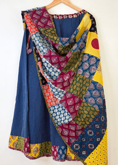 ✨Navrang ~ Ajrakh Long Skirt & Dupatta Set ~ Blue w/ Multicolored Dupatta
