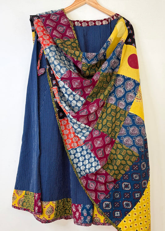 ✨Navrang ~ Ajrakh Long Skirt & Dupatta Set ~ Blue w/ Multicolored Dupatta