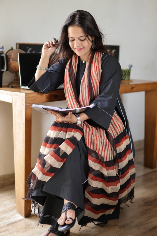 Kota Doria Bagru Handblock Dupatta ~ Black w/ Red lines