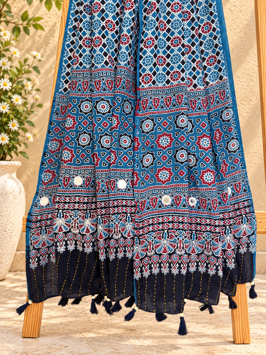 Rangrez🔅Ajrakh Mulmul Cotton Dupattas with Embroidery ~ Blue Banjara