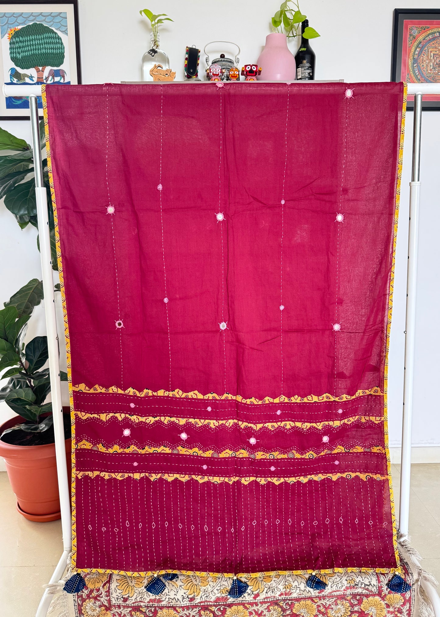 Ajrakh Applique & Kantha Embroidered Dupatta ~ Deep Red with Yellow Kantha Work