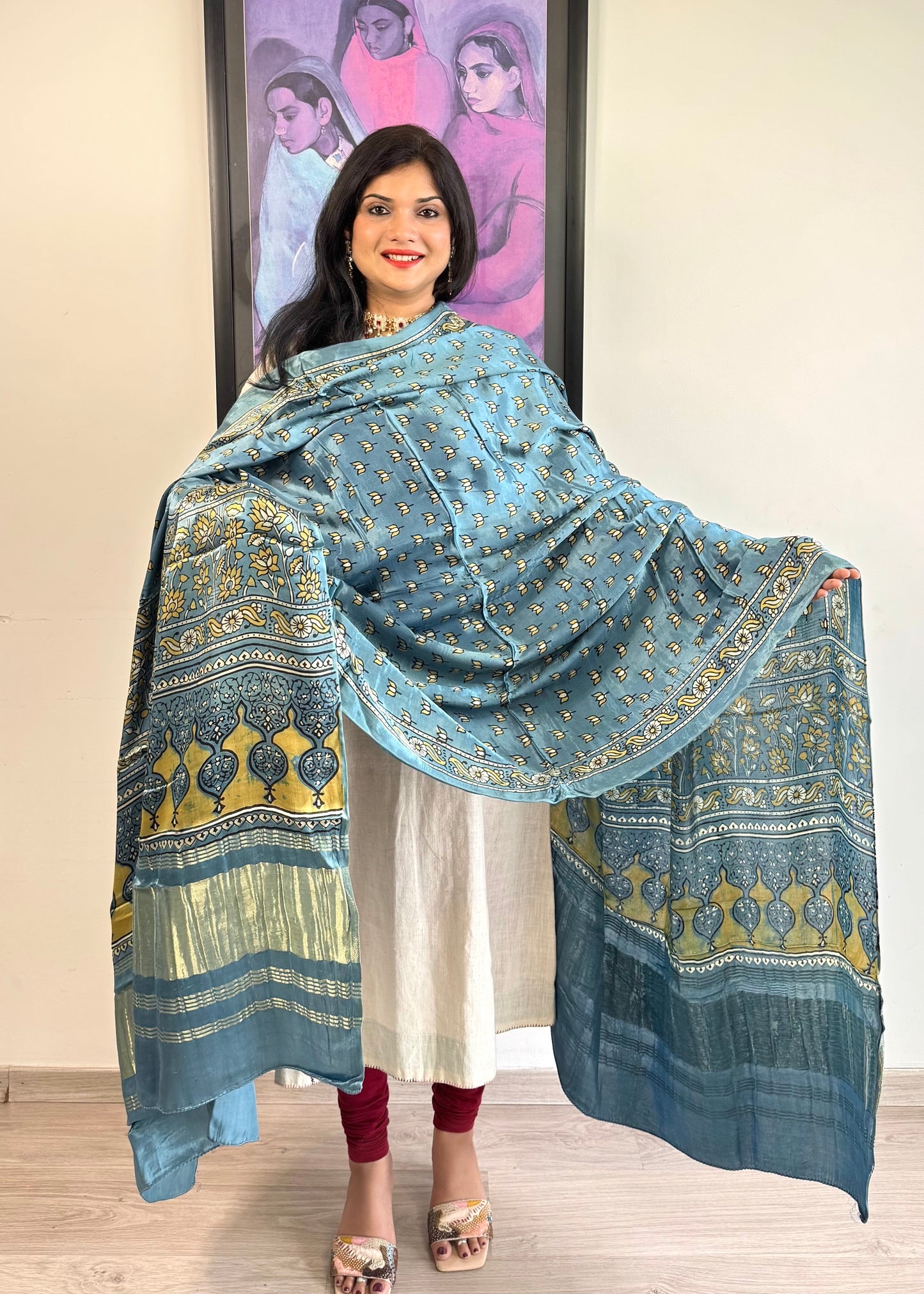 Modal Silk Ajrakh Dupatta ~ Metallic Blue Lotus motif w/ Zari