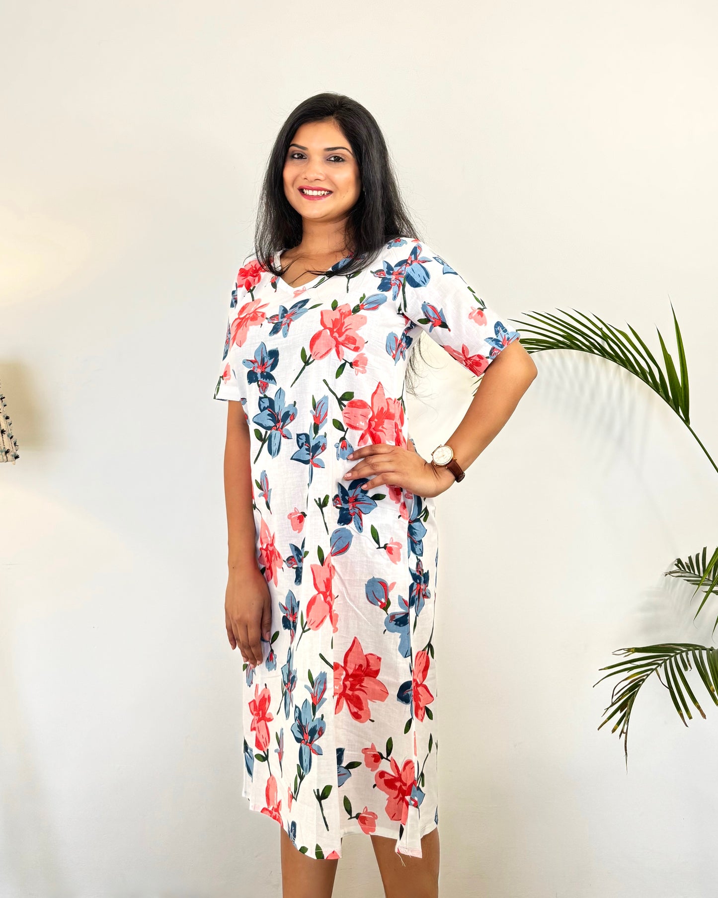 Khushi ~ White & Pink Cotton Dress ~ Spring Lilies