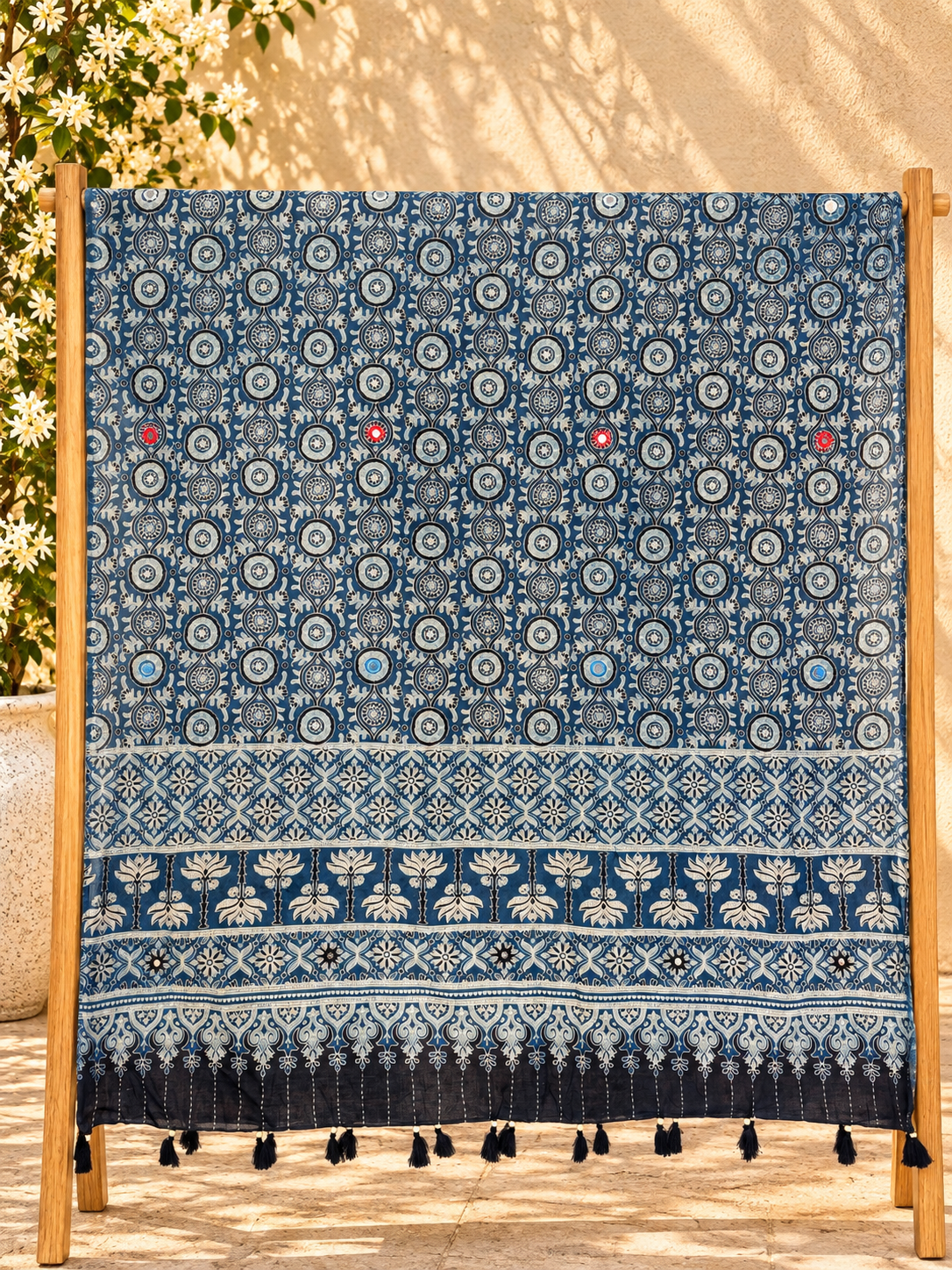 Rangrez🔅Ajrakh Mulmul Cotton Dupattas with Embroidery ~ Neel Kamal