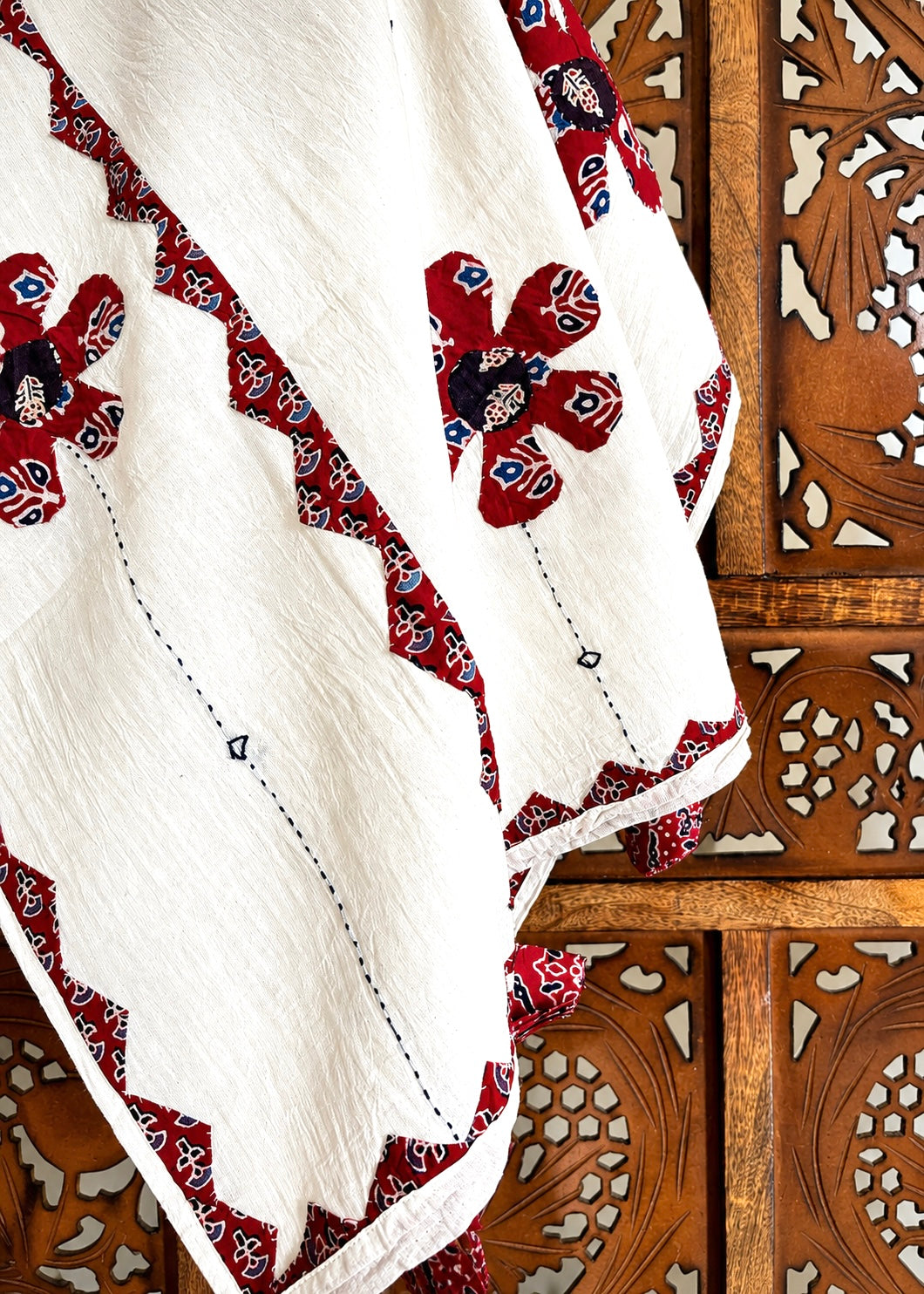 Ajrakh Applique & Kantha Embroidered ~ Surkh Phool Dupatta