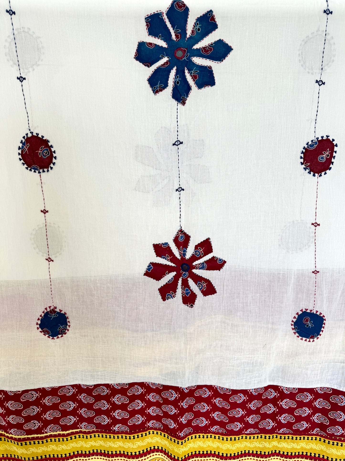 Ajrakh Applique & Kantha Embroidered Dupatta ~ White, Blue & Yellow