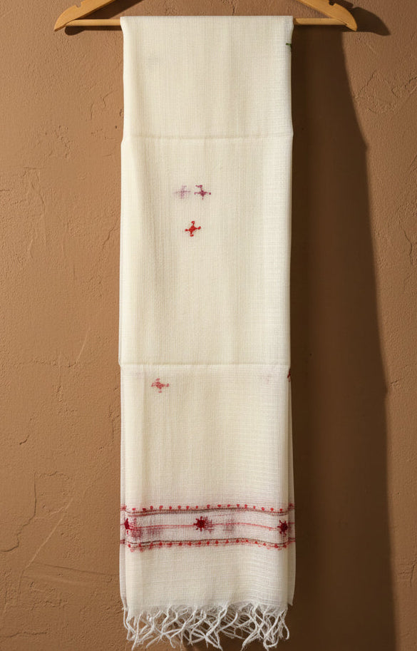 Kota Doria Hand Embroidered Dupatta ~ Beige w/ red flowers