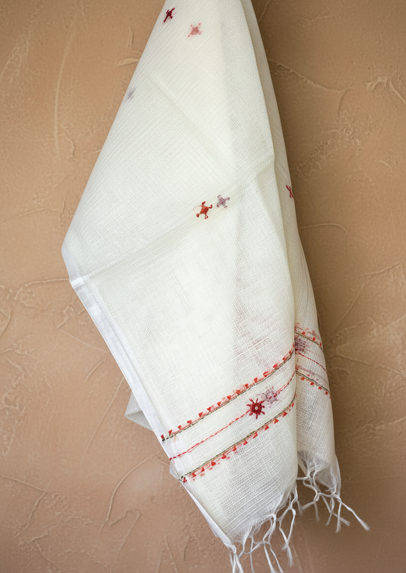 Kota Doria Hand Embroidered Dupatta ~ Beige w/ red flowers
