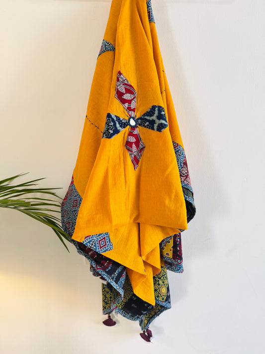Ajrakh Applique & Kantha Embroidered Dupatta ~ Mustard Yellow with Flowers