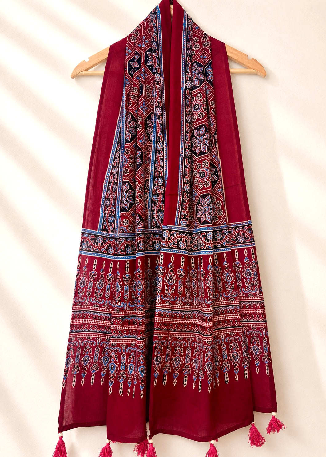 Raahi🌻Ajrakh Cotton Stoles ~ Deep red w/ geometrical motifs