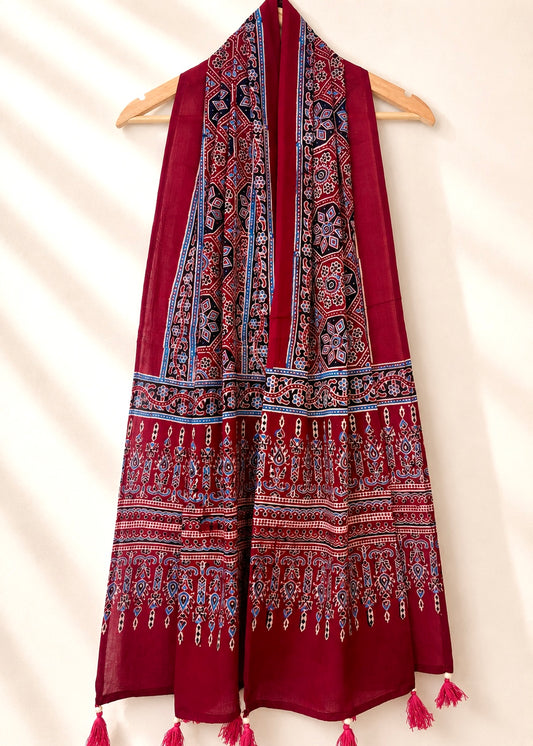 Raahi🌻Ajrakh Cotton Stoles ~ Deep red w/ geometrical motifs