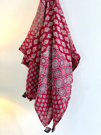 Ajrakh Applique & Kantha Embroidered Dupatta ~ Red Chequered