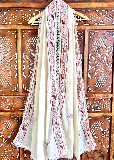 Khadi Cotton Dupatta ~ Bronze Floral Embroidery