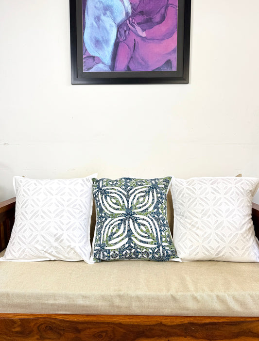 Applique cutwork Cushion cover ~ White & Green ~ Set of 3